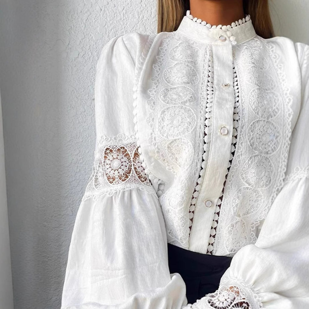 Women's Lace Patchwork Lantern Sleeve Casual Shirt