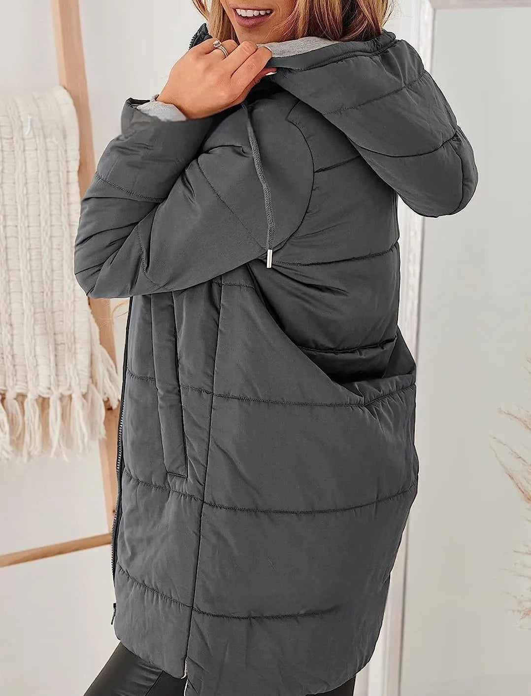 Women's Hooded Solid Color Pocket Long Cotton Jacket