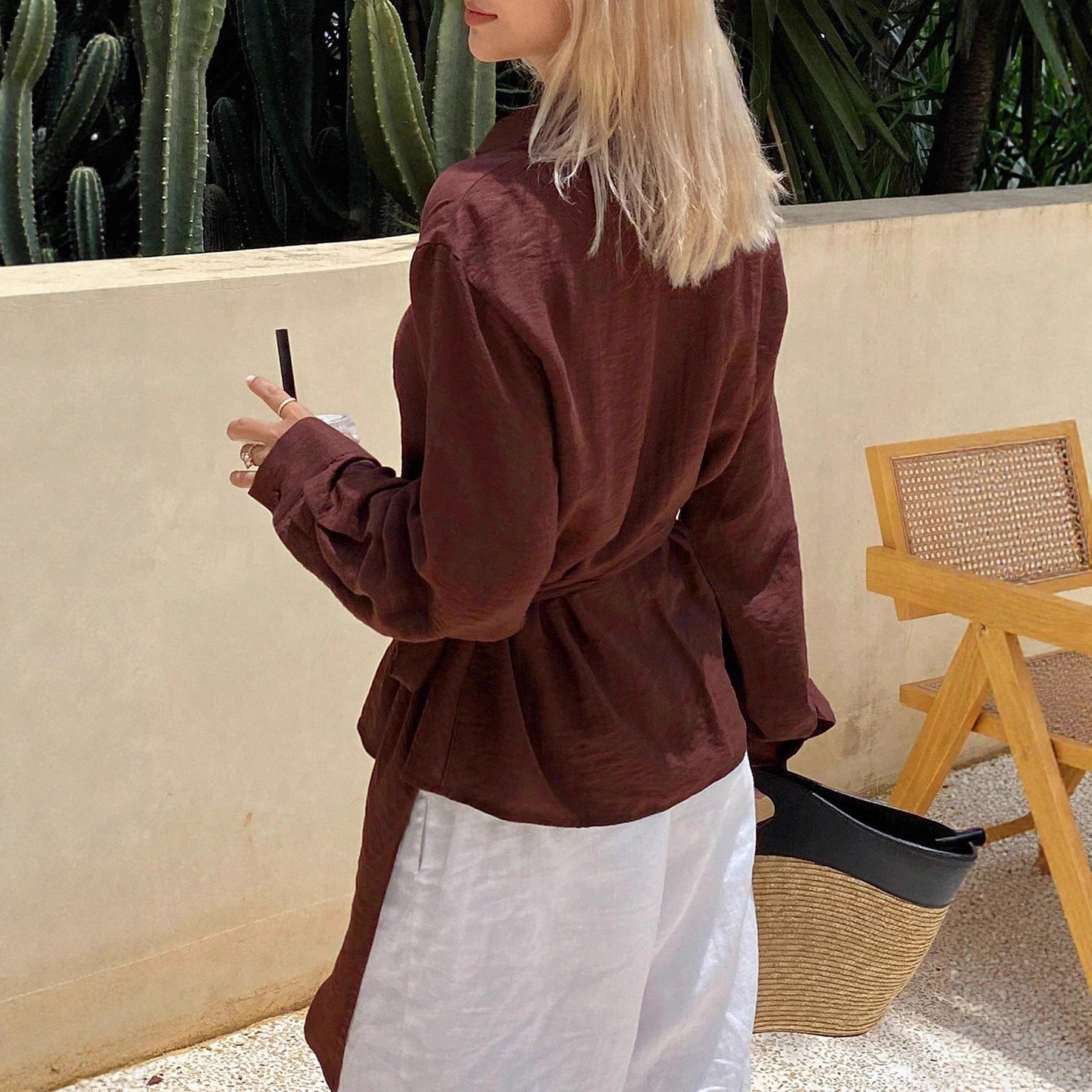 Womens Loose, Casual, Retro, Asymmetrical, Solid-Color Shirt With Ties