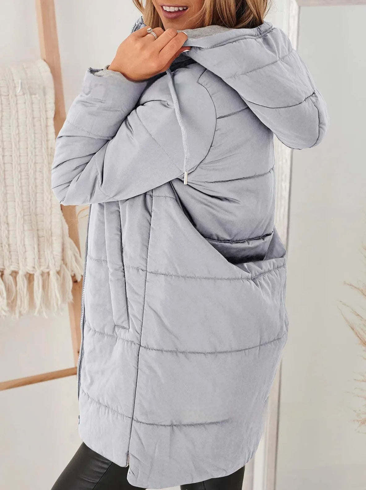 Women's Hooded Solid Color Pocket Long Cotton Jacket