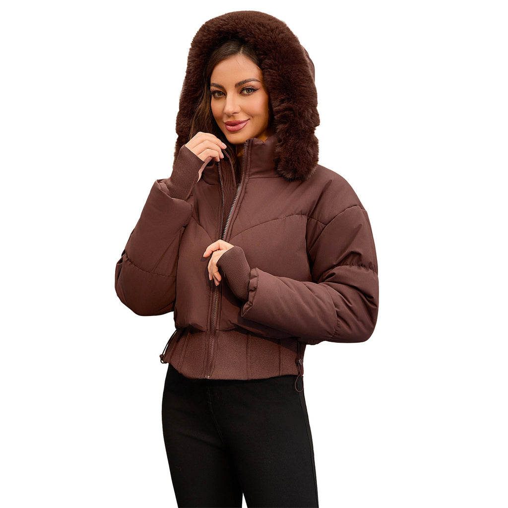 Waist-tight Big Fur Collar Hooded Short Cotton Jacket