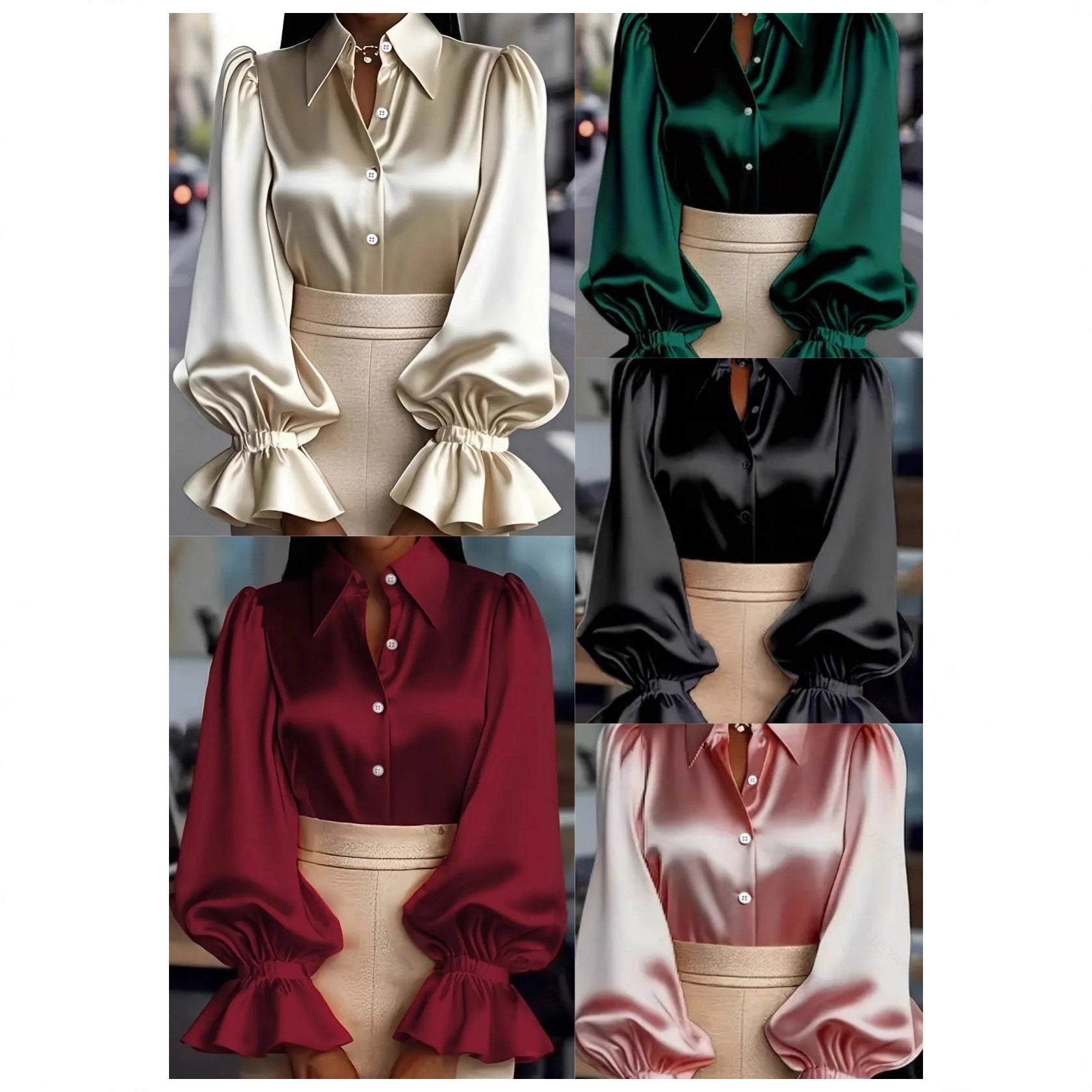 New Stylish Solid-colored Bubble Sleeve Long-sleeve Lapel Satin Shirt For Commuting