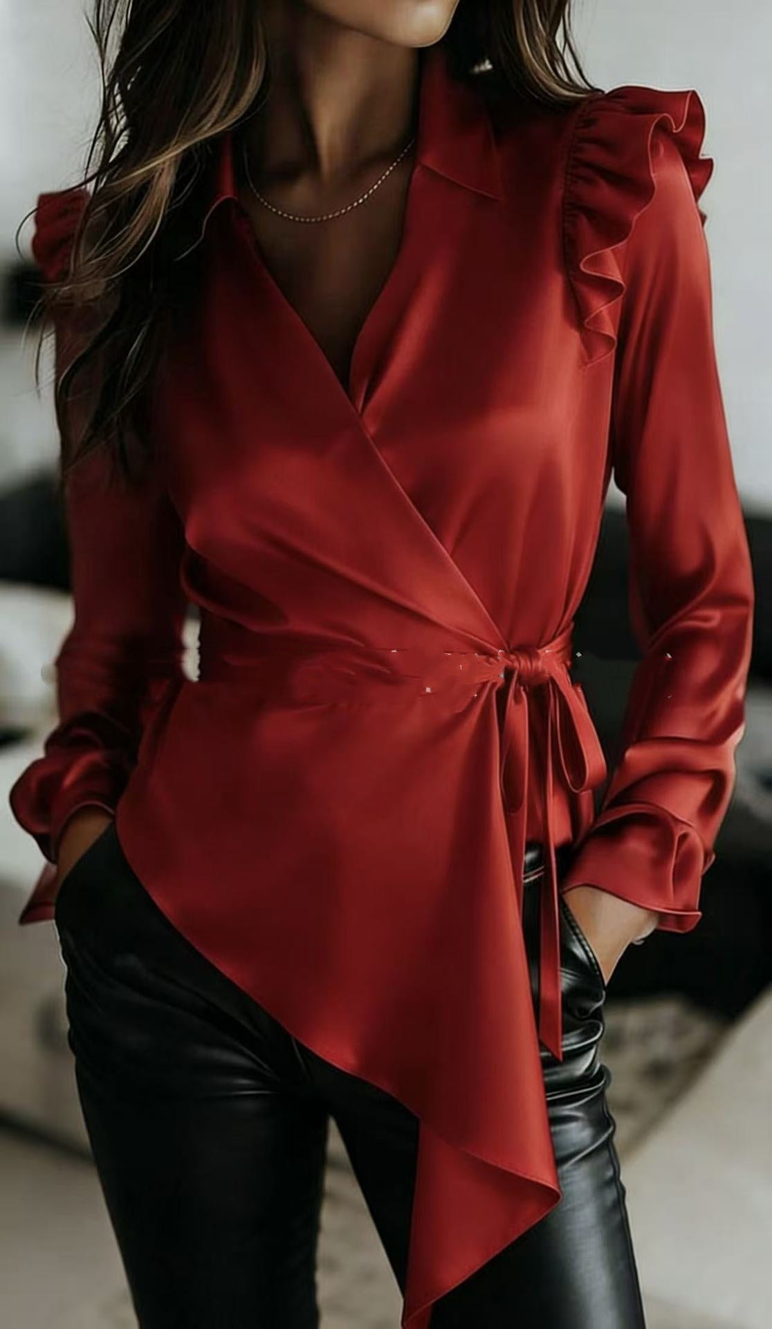 Womens Solid Color Minimalism Satin Lapel Button-up Blouse