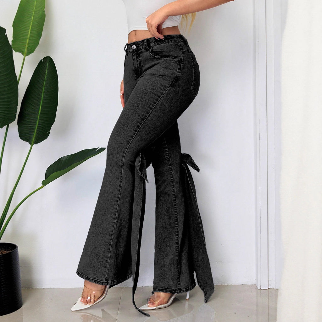Retro Three-dimensional Bow Slim-fit Mid-stretch Mop Horn Denim Trousers
