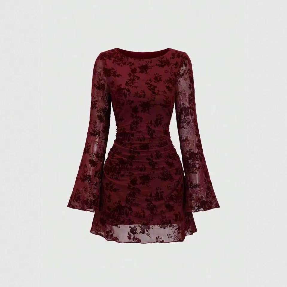 Spice Girl Mesh Flocked Crew Neck Flare-Sleeve Dress