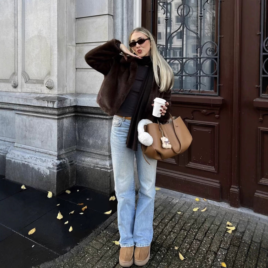 Artificial Fur Effect Lapel Loose Fashionable Jacket