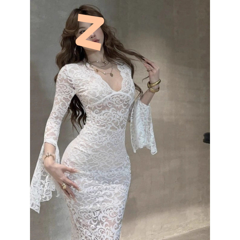 Red V-neck Lace Hollow-out Long-sleeve Dress