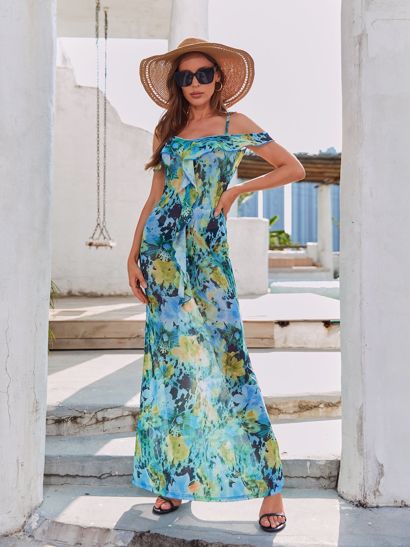 New Off-shoulder Printed Maxi Slip Dress