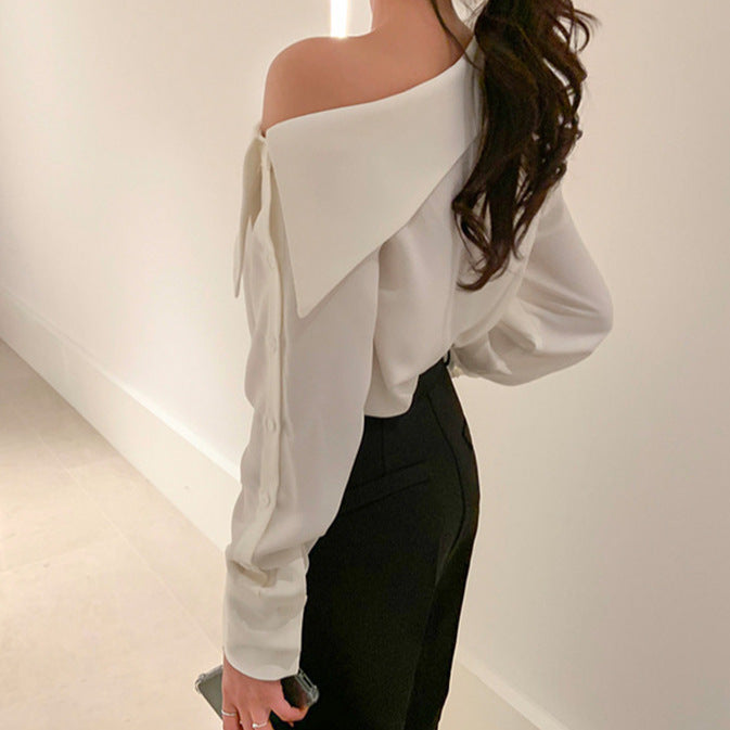 Womens Solid-Color Off-the-Shoulder Button-Down Korean-Style Fashion Shirt