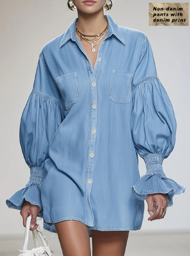 Puff-sleeve Denim Printed Shirt Dress